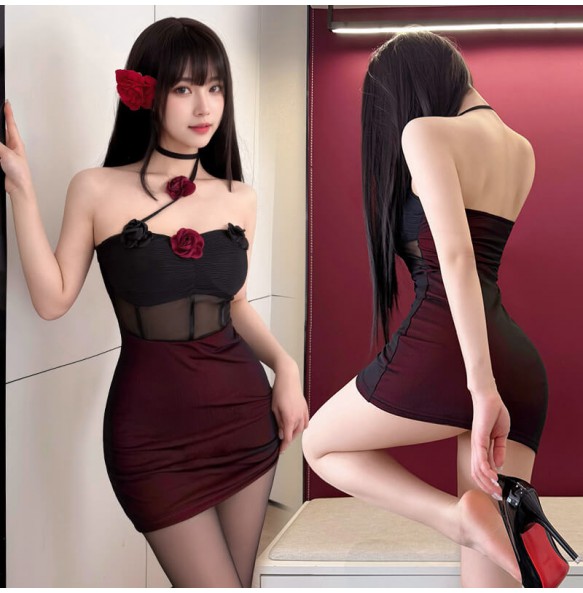 FEE ET MOI - Midnight Red Rose Hot Bodycon Dress (Black - Red)
